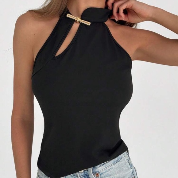 Aloruh Elegant Retro Metal Accessory Versatile Solid Color Halter Neck Tank Top - Picture 1 of 4
